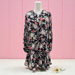 Aakaa Oversized Floral Mini Dress Boho Cottagecore Fall Festival Tassel Tie SZ S